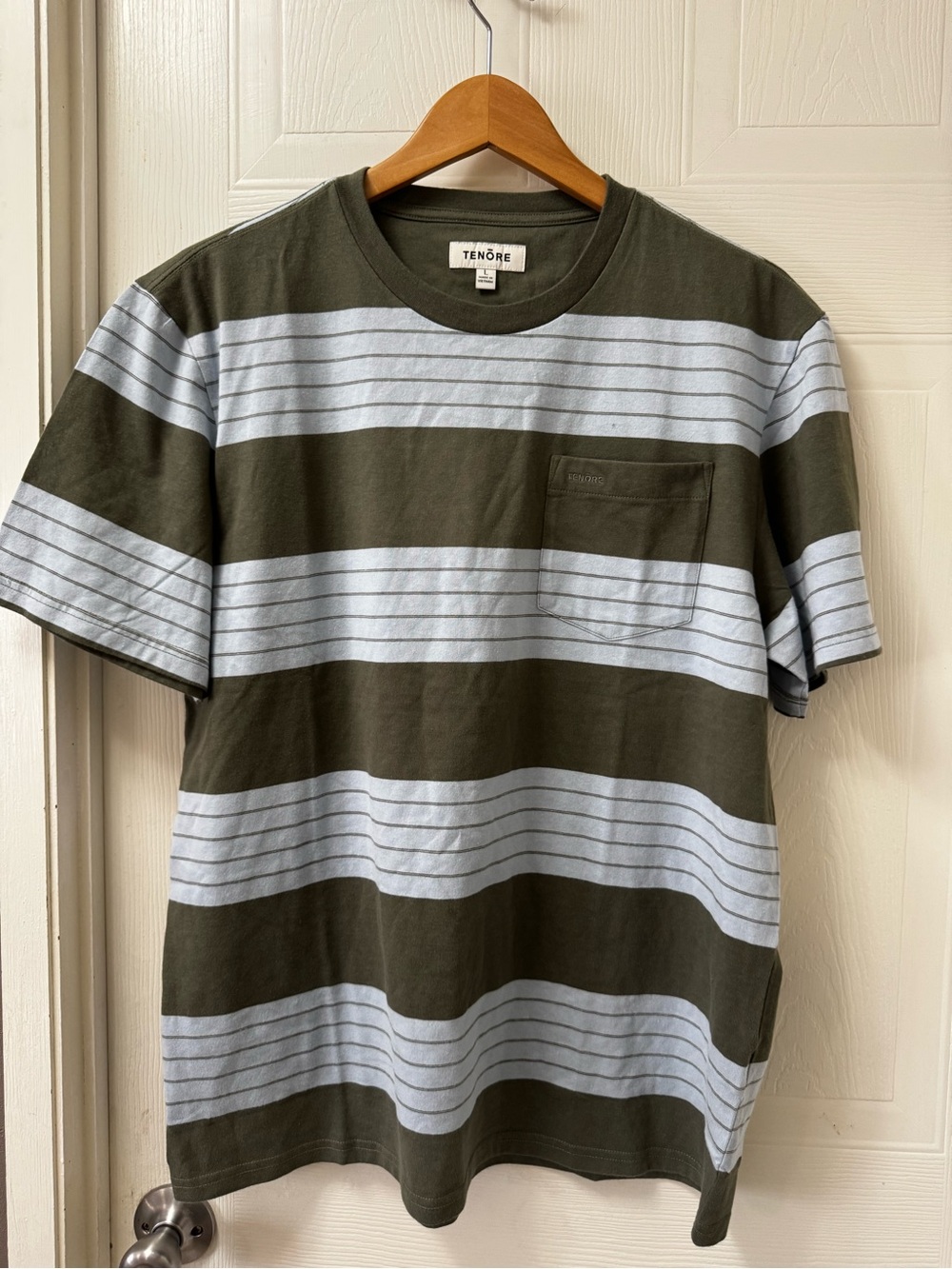 Olive & Light Blue Striped Pocket Tee